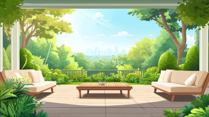 Obraz premium House terrace with table, couch and view to garden. Vector parallax background ready for 2d animation with cartoon illustration of wooden veranda and forest or park landscape with trees