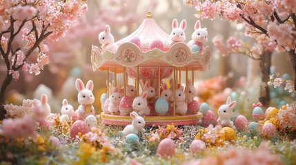 A pastel-colored card showcasing a carousel of bunnies and eggs spinning in a spring garden.