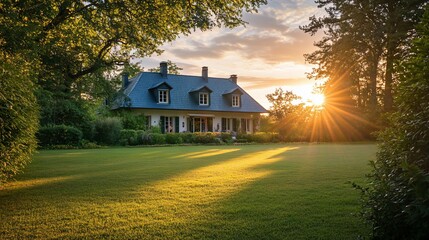 Sunset casts long shadows on a charming house and lush green lawn.