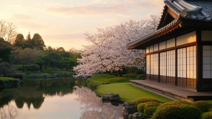Fototapeta premium Serene Japanese Garden with Cherry Blossoms and Tranquil Reflection