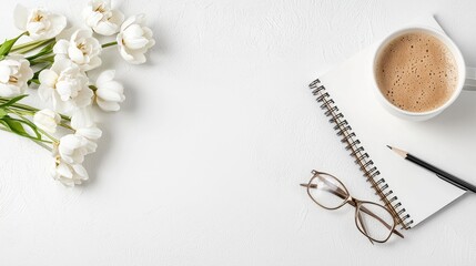 White tulips, coffee, notebook, and glasses on white surface