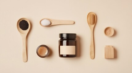 organic beauty products, body scrub jars with natural wooden spoons, studio shot generative ai