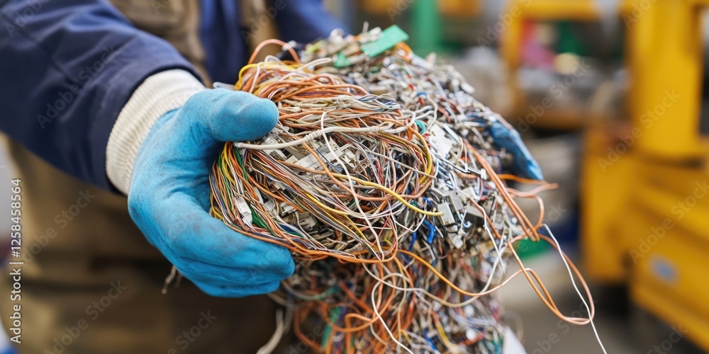 Poster a person wearing blue gloves holds a bundle of wires, suitable for use in various technical and indu