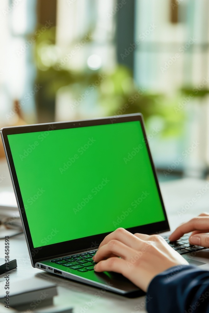 Poster a person working on their laptop with a green screen display