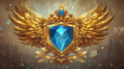 Set of hexagon shape game rank badge isolated on background. Vector cartoon illustration of blue diamond gemstone decorated with sparkling golden wings, silk flag, ribbon, royal reward. Gui elements