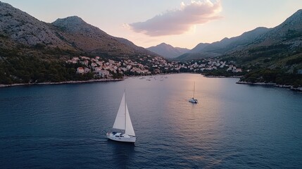 Sailboats glide gently on tranquil waters near a picturesque coastal village at sunset in a serene natural setting