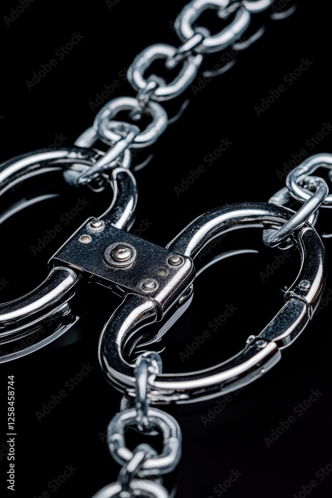 Poster a pair of handcuffs and a chain sit on a black background, suitable for use in crime or detective-th