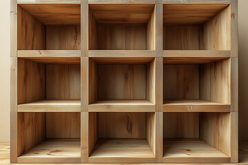 Wooden shelving unit with empty compartments in a modern interior setting