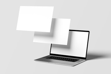 Laptop computer mockup with blank wireframing pages. 3D rendering.