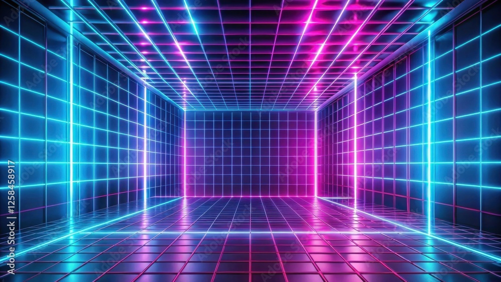 Poster vibrant neon grid room futuristic digital background with glowing lines and reflective floor
