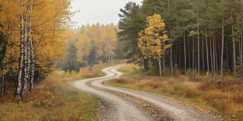 Obraz premium Autumn Forest Path With Golden Trees