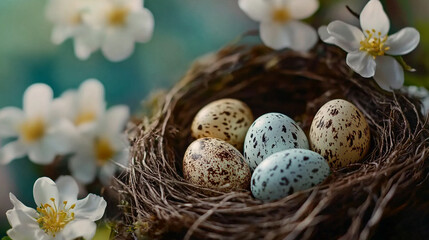 Fototapeta premium Beautifully decorated eggs nestled in a cozy nest surrounded by spring flowers on Easter Sunday morning