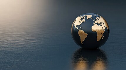 Stylized globe depicts continents with golden accents resting on a reflective surface in a serene environment during daylight hours