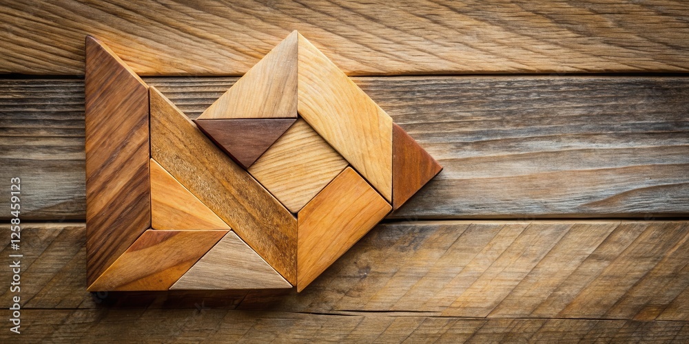 Poster intricate wooden tangram puzzle on rustic plank background