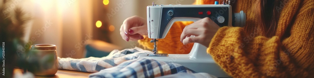 Poster close-up of hands operating a sewing machine on a table, with fabric and threads nearby
