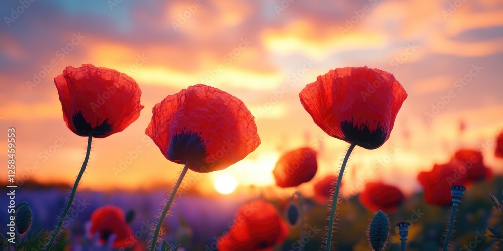 Aufkleber Field of red poppies with the sun setting in the background