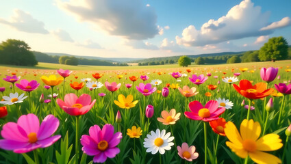 Obraz premium Field of Wildflowers, Panoramic Landscape