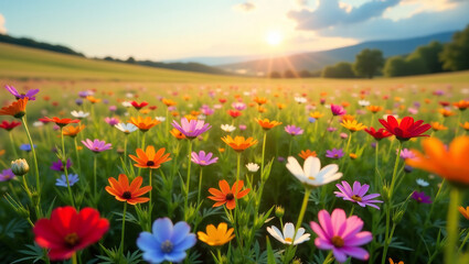 Obraz premium Field of Wildflowers, Panoramic Landscape