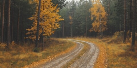 Autumn Forest Path With Falling Snow