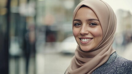 A woman wearing a headscarf smiles while speaking on her cell phone, isolated against a neutral background