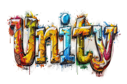 Graffiti Style Lettering of "Unity" with Spray Paint Isolated on Transparent Background