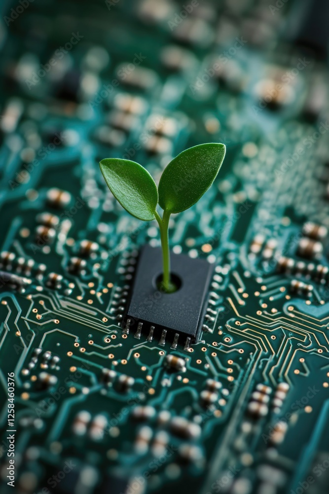 Aufkleber a small plant grows out of a microchip on a printed circuit board