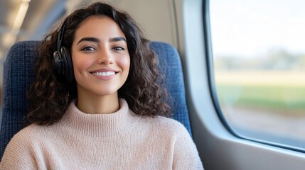 young woman sitting on a train