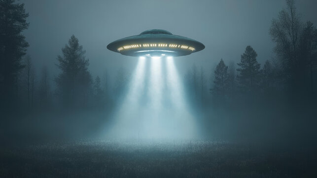 3d ufo spaceship realistic abduction light beam background. Futuristic spacecraft ship glowing extraterrestrial area at night fog. Different flying aircraft bulb spotlight ray on black background.