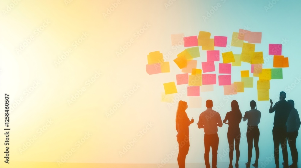 Aufkleber Diverse team collaborates in a brainstorming session, using colorful sticky notes on a wall. The scene highlights multitasking, time management, and the chaos of meeting deadlines