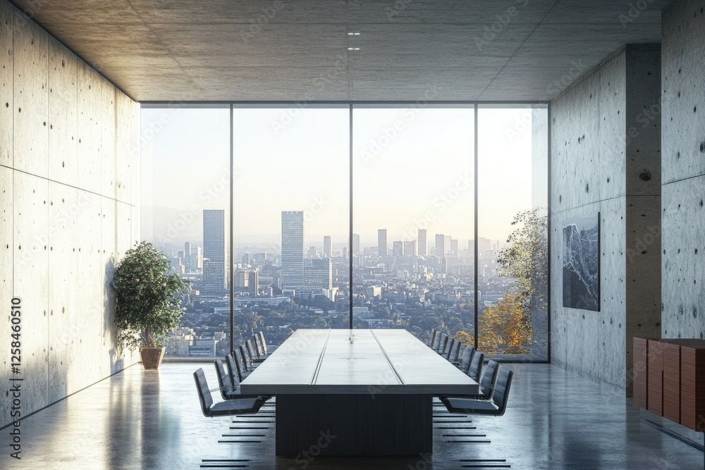 Poster a long table in a meeting room with a window offering a cityscape view