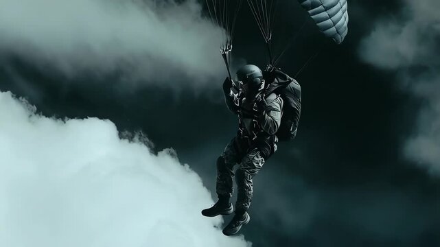 Paratrooper in Action Descending from the Sky with a Parachute Against a Dramatic Cloudy Background