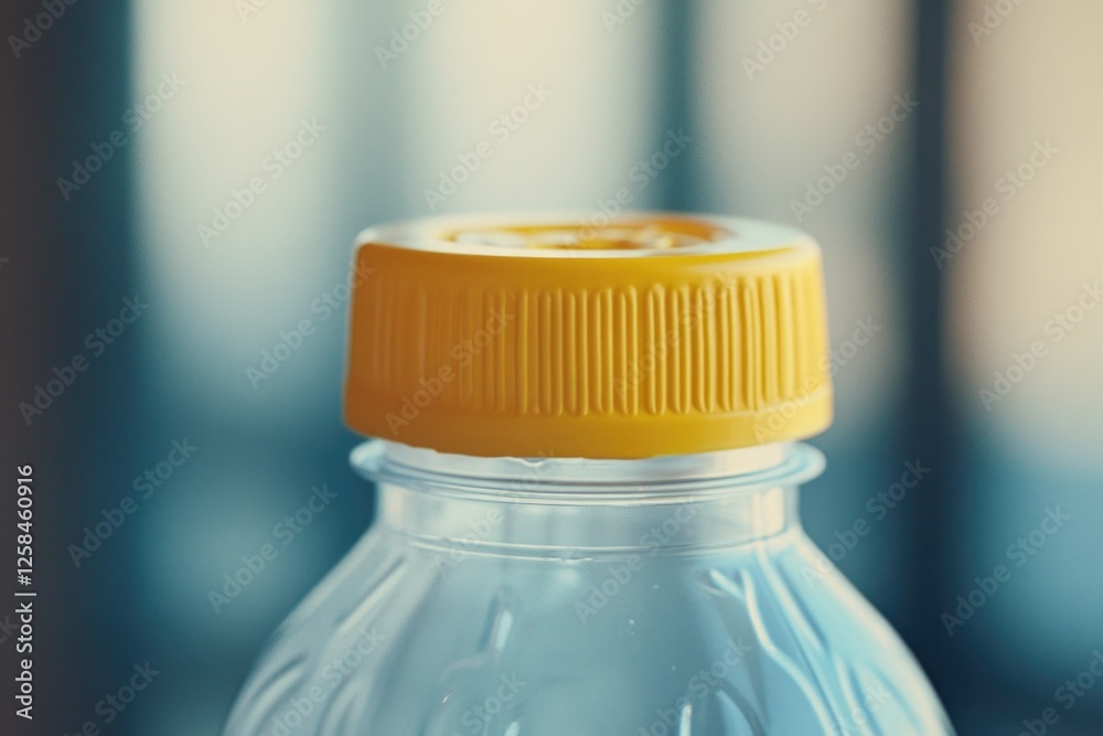 Poster Close-up shot of a plastic bottle with a yellow cap, great for illustrating everyday objects or creating a minimalist design