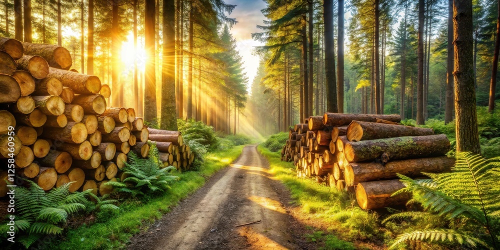 Poster golden sunlight illuminates a forest path flanked by stacks of timber logs