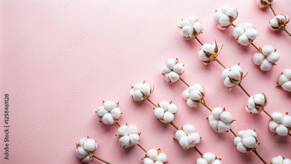 Poster delicate cotton blossoms arranged on a soft pink background, creating a visually appealing pattern