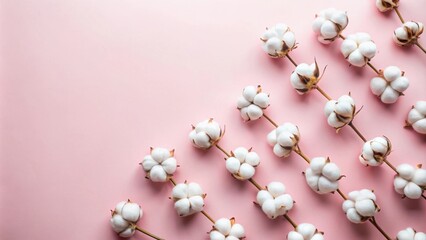 Delicate cotton blossoms arranged on a soft pink background, creating a visually appealing pattern