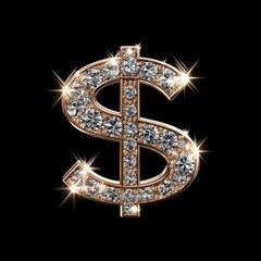 Sparkling dollar sign adorned with diamonds against a black background highlighting luxury and wealth