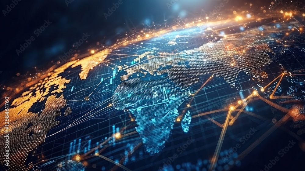 Poster Digital World Map with Connections and Data Visualization in a Futuristic Style Representing Global Communication