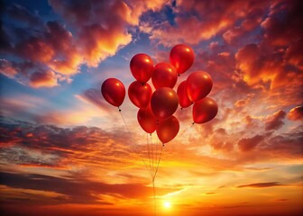 Fototapeta premium Surreal Double Exposure: Red Balloons Floating in a Dreamlike Sky