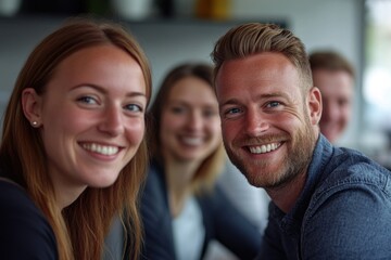 Fototapeta premium A group of people laughing and smiling while sitting at a table, great for social events or casual gatherings