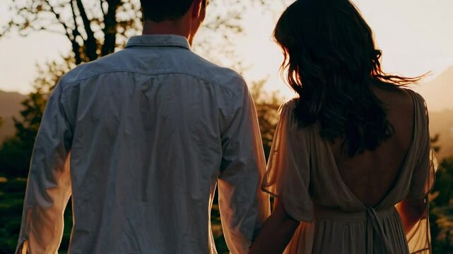 A romantic video capturing a couple walking hand in hand at sunset, emphasizing warmth and intimacy with a rear camera angle.