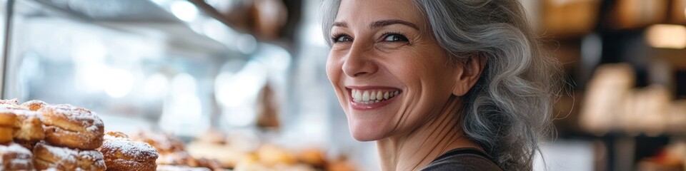A happy woman admiring a selection of pastries, perfect for use in food or lifestyle imagery