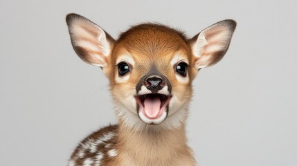 Obraz premium Curious fawn smiles with open mouth in a neutral studio setting, showcasing its adorable features and unique personality during a free-spirited moment