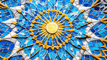 Colorful Mosaic Tile Pattern Featuring Sunburst Design and Blue Hues
