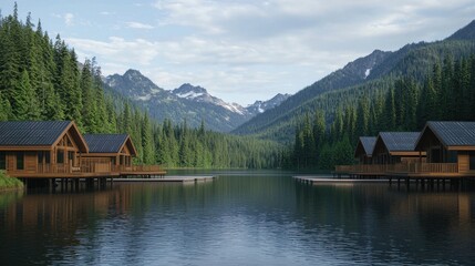 Fototapeta premium Tranquil Lake Scene with Wooden Cabins Surrounded by Forested Mountains