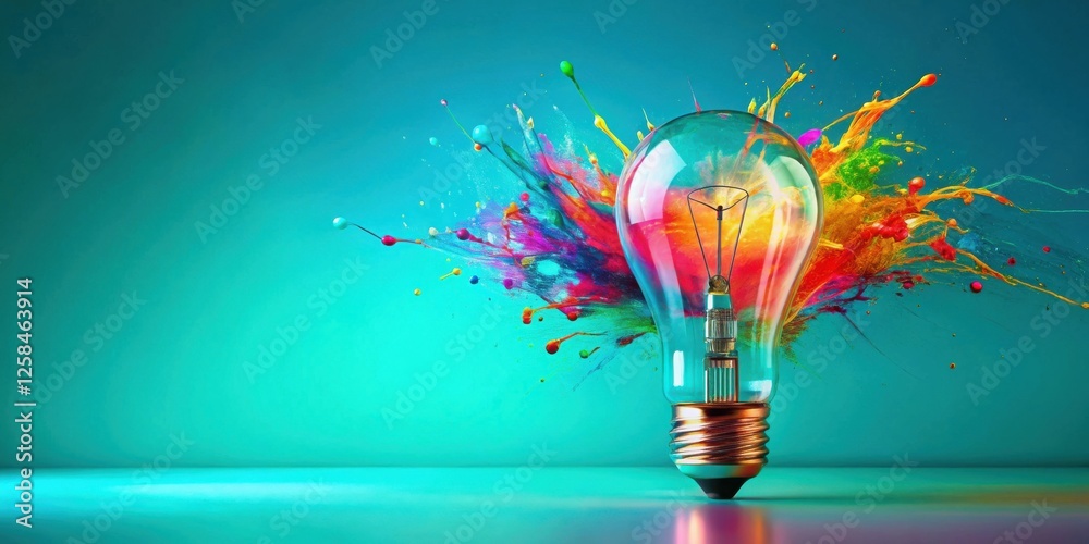 Poster illuminating ideas a vibrant explosion of color bursts from a lightbulb, symbolizing creativity and 