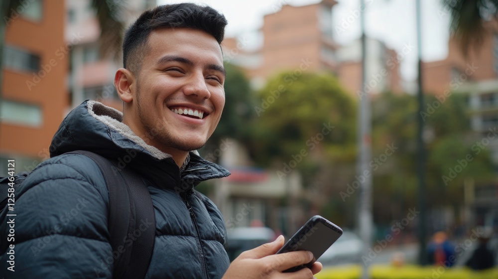 Poster a person smiling and gazing at their mobile device