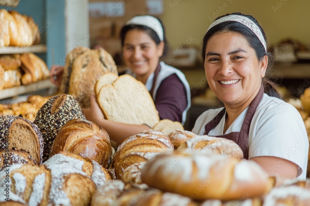 Poster two female sales associates stand in front of a display case filled with various types of bread