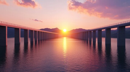 Fototapeta premium Sunset Reflection Over Bridge and Water in Serene Landscape