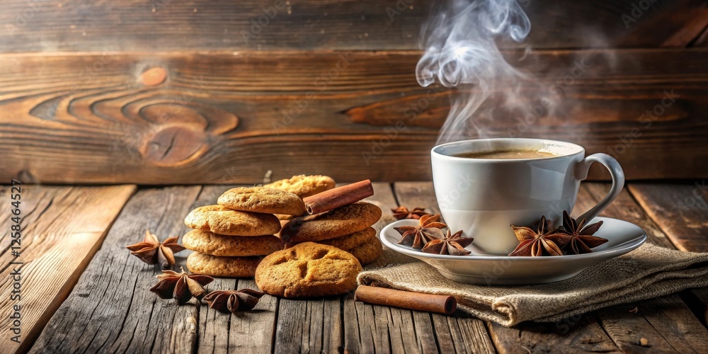 Poster Warm autumnal beverage with spiced cookies and cinnamon