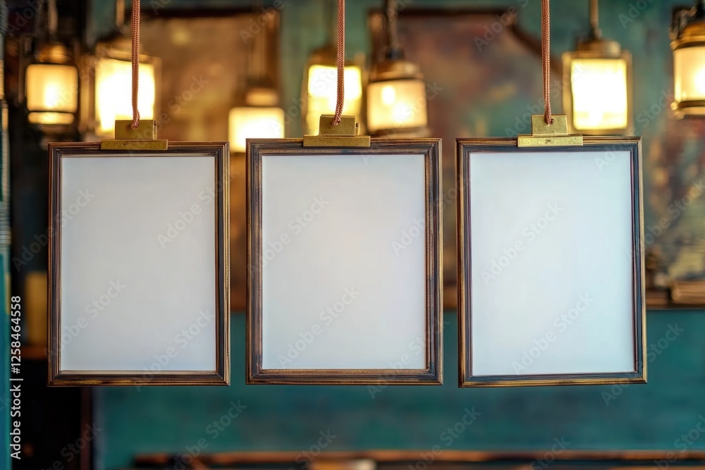 Aufkleber Three empty picture frames hanging from a ceiling with a neutral background